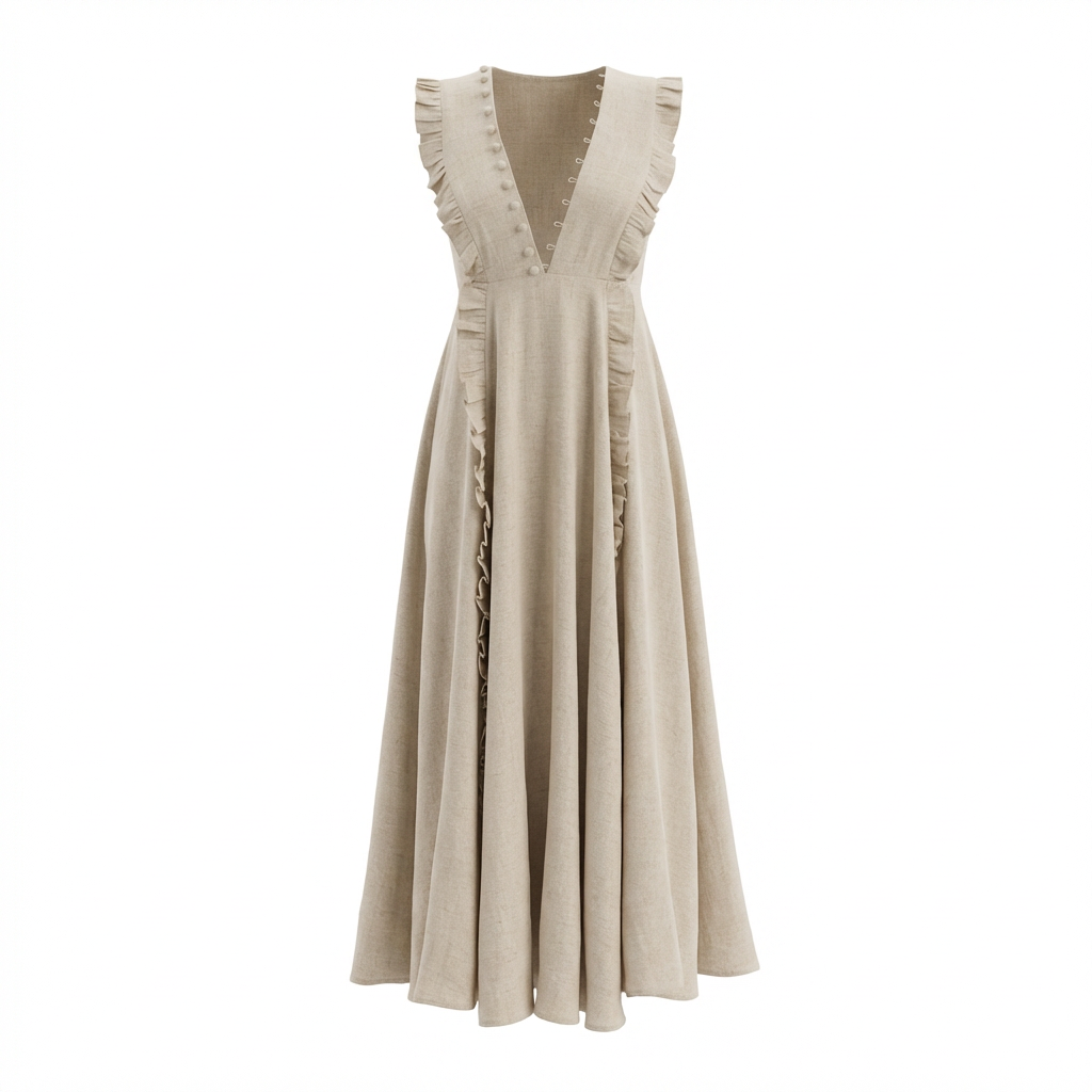 Plunging V-neck Ruffled Linen Dress