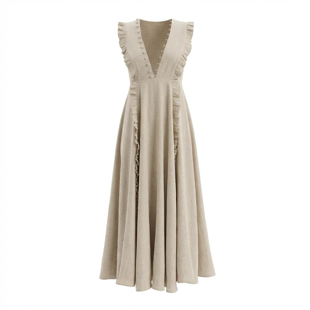 Plunging V-neck ruffled linen dress, latest collection - Anjum Khan