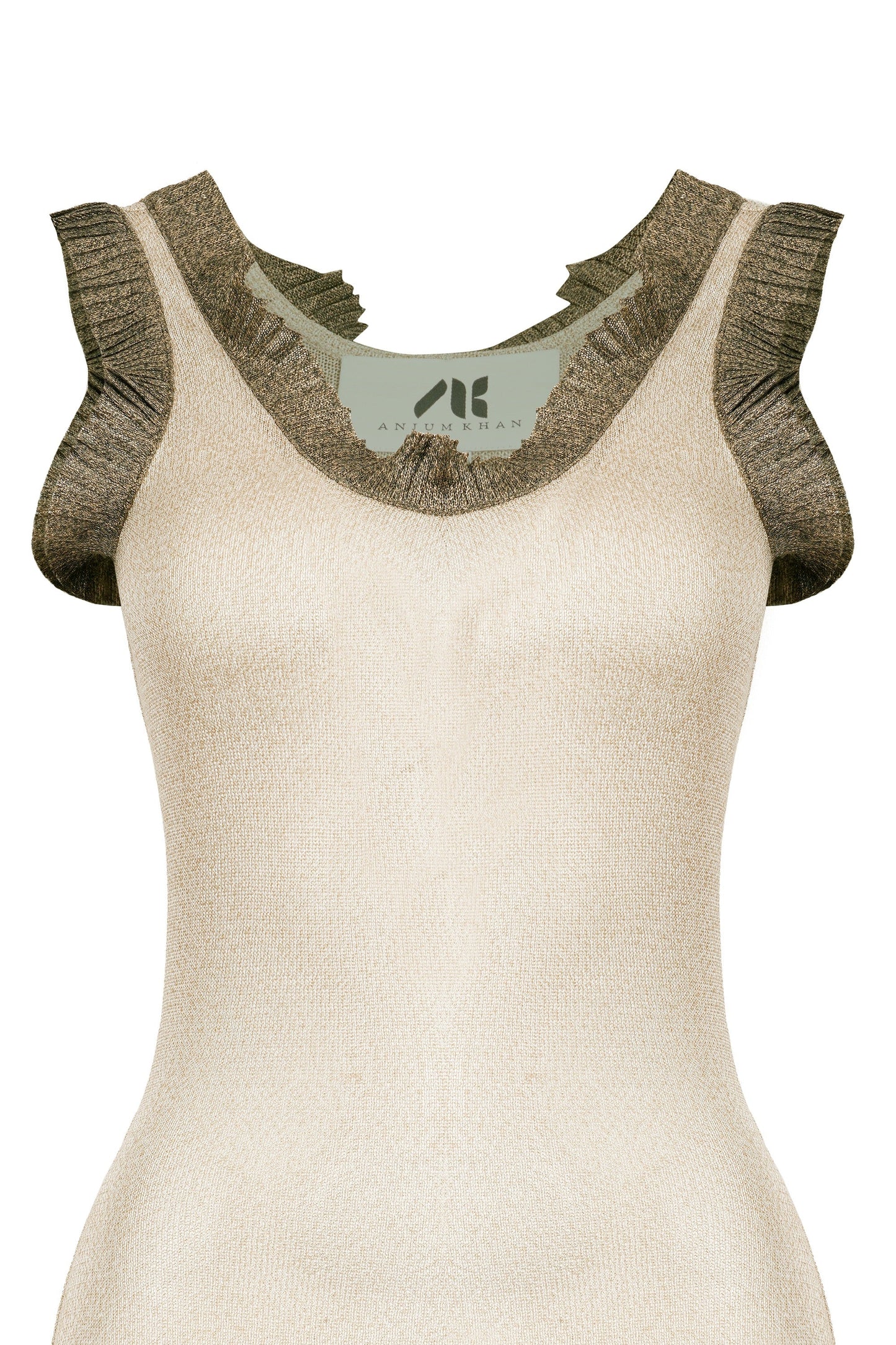 Metallic Beige Knit top with Ruffle Details