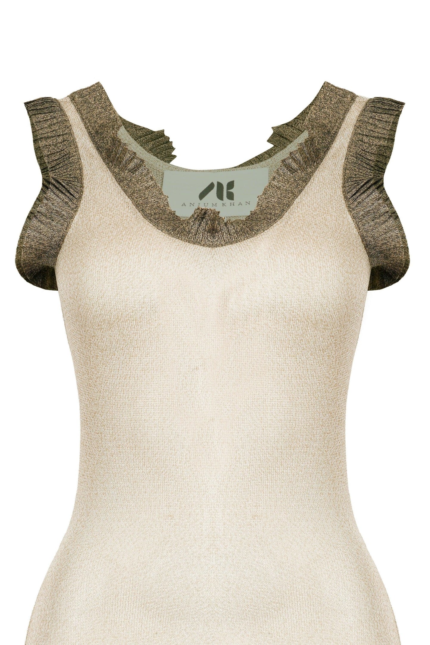 Metallic Beige Knit top with Ruffle Details