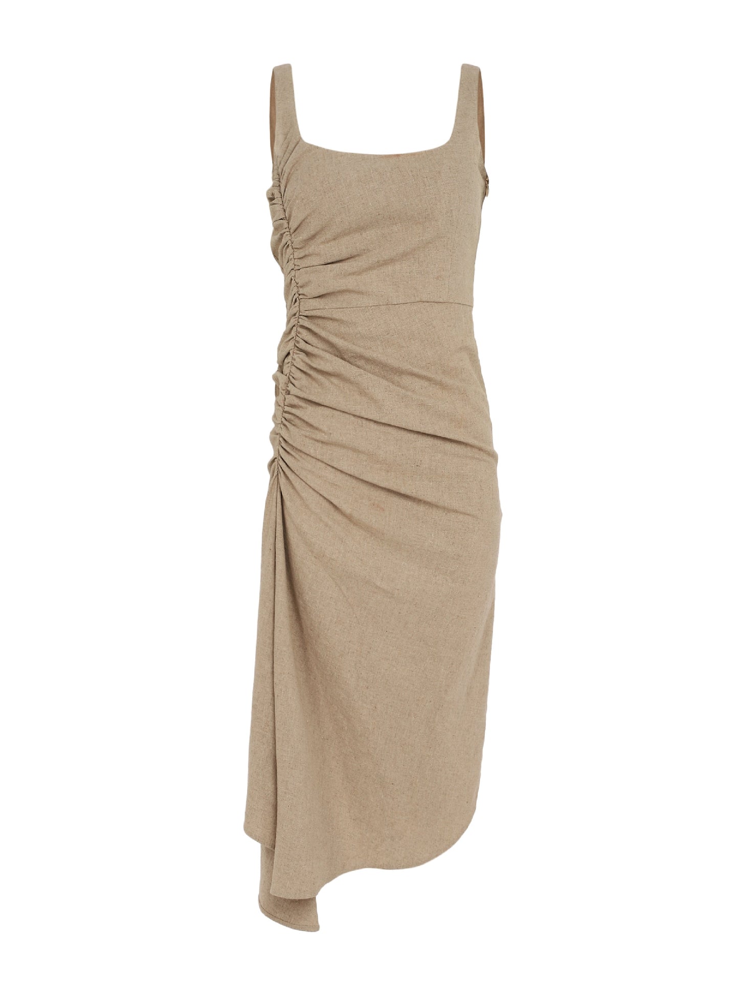 Full product view of the Linen Ruched Gathered Midi Dress for women, showcasing the overall silhouette and style