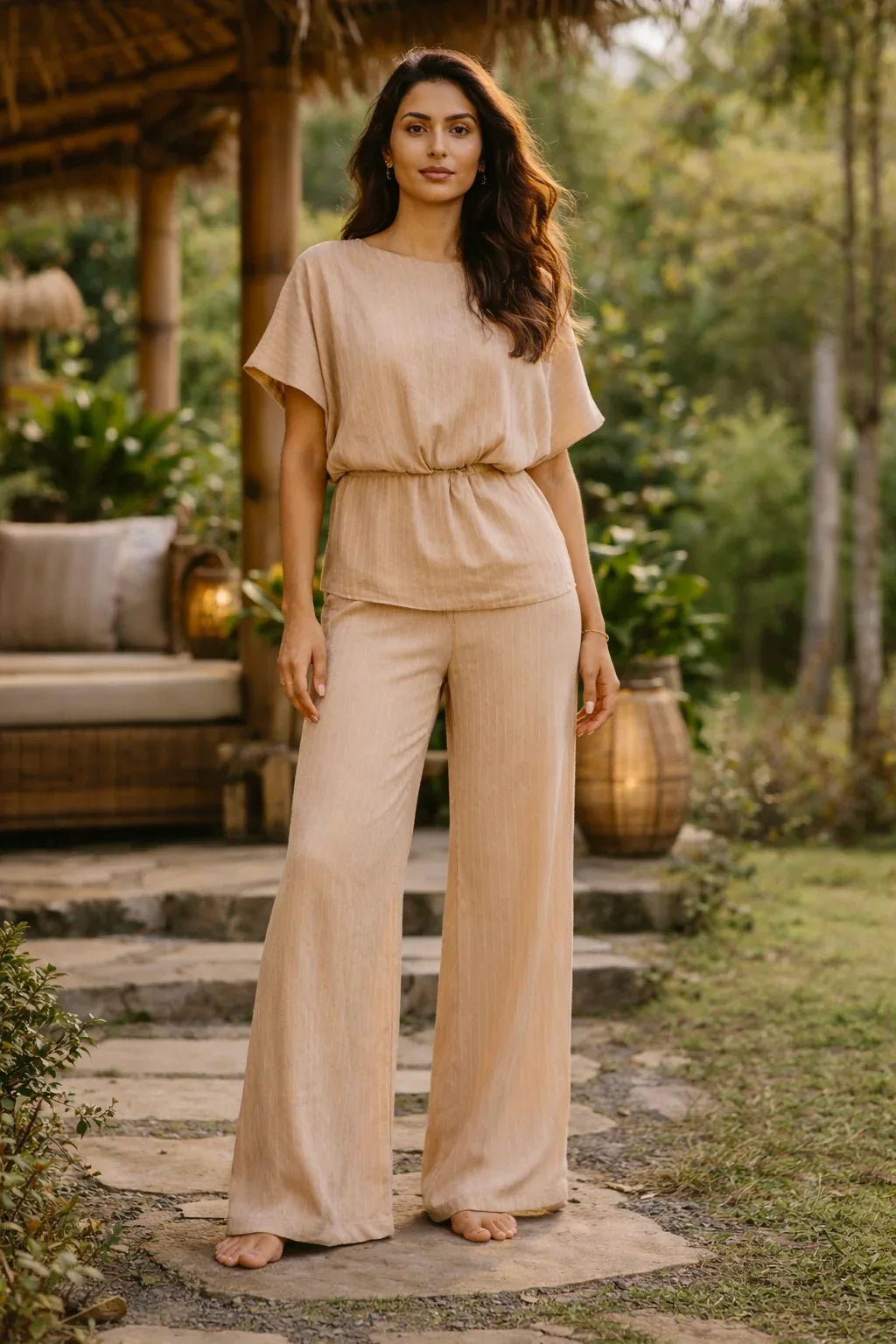 Woman modeling a beige wide-leg loungewear set outdoors, relaxed fit, luxury women's clothing