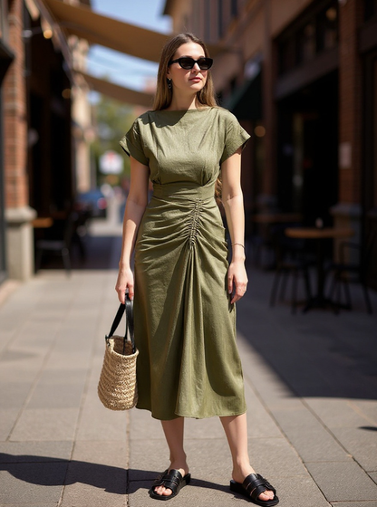 Linen Ruched Drape Dress