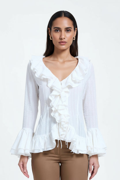 White V-Neck Ruffle Top