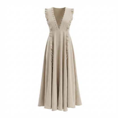 Plunging V-neck Ruffled Linen Dress