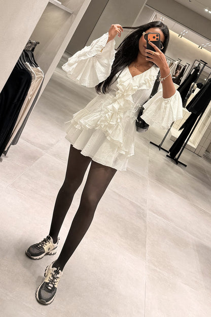 White V-Neck Ruffle Top