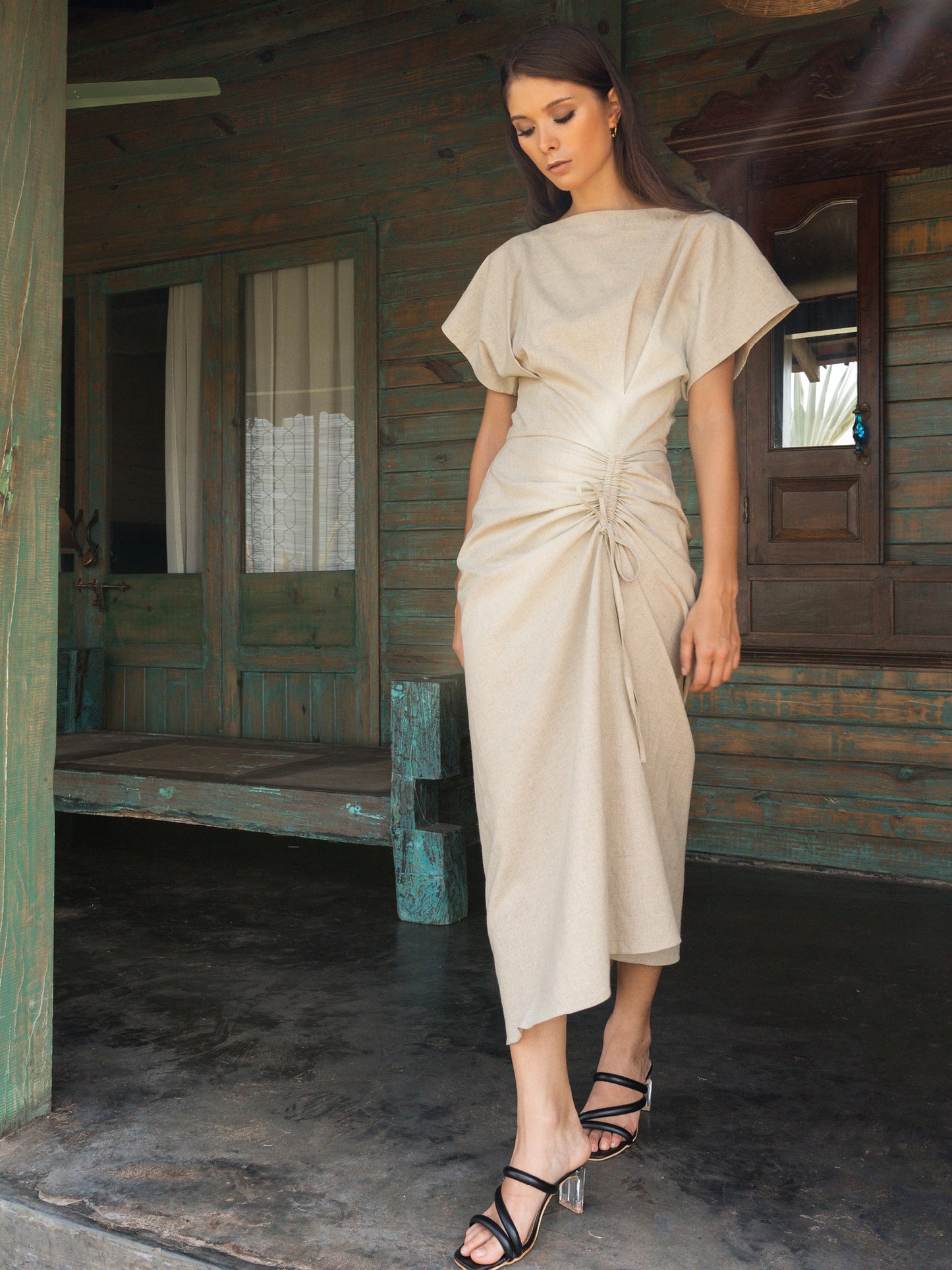 Linen Ruched Drape Dress