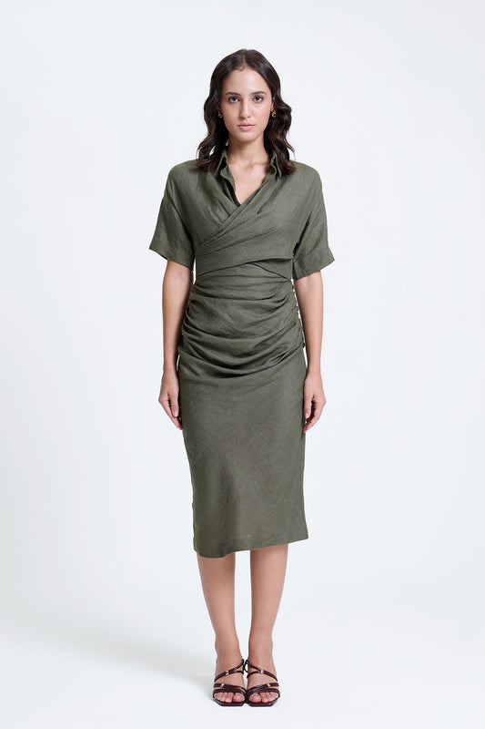 The Sculpted Olive Ruched Midi Dress