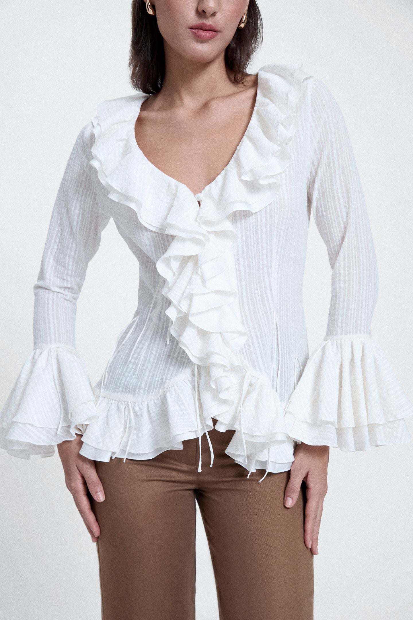 White V-Neck Ruffle Top
