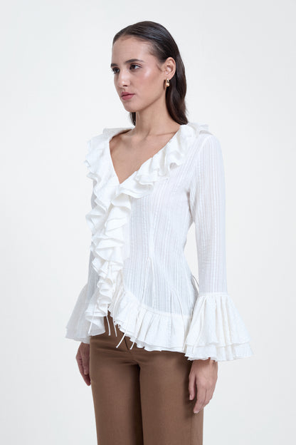 White V-Neck Ruffle Top