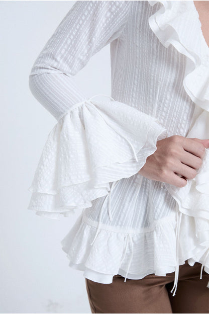 White V-Neck Ruffle Top