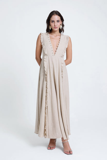 Plunging V-neck Ruffled Linen Dress
