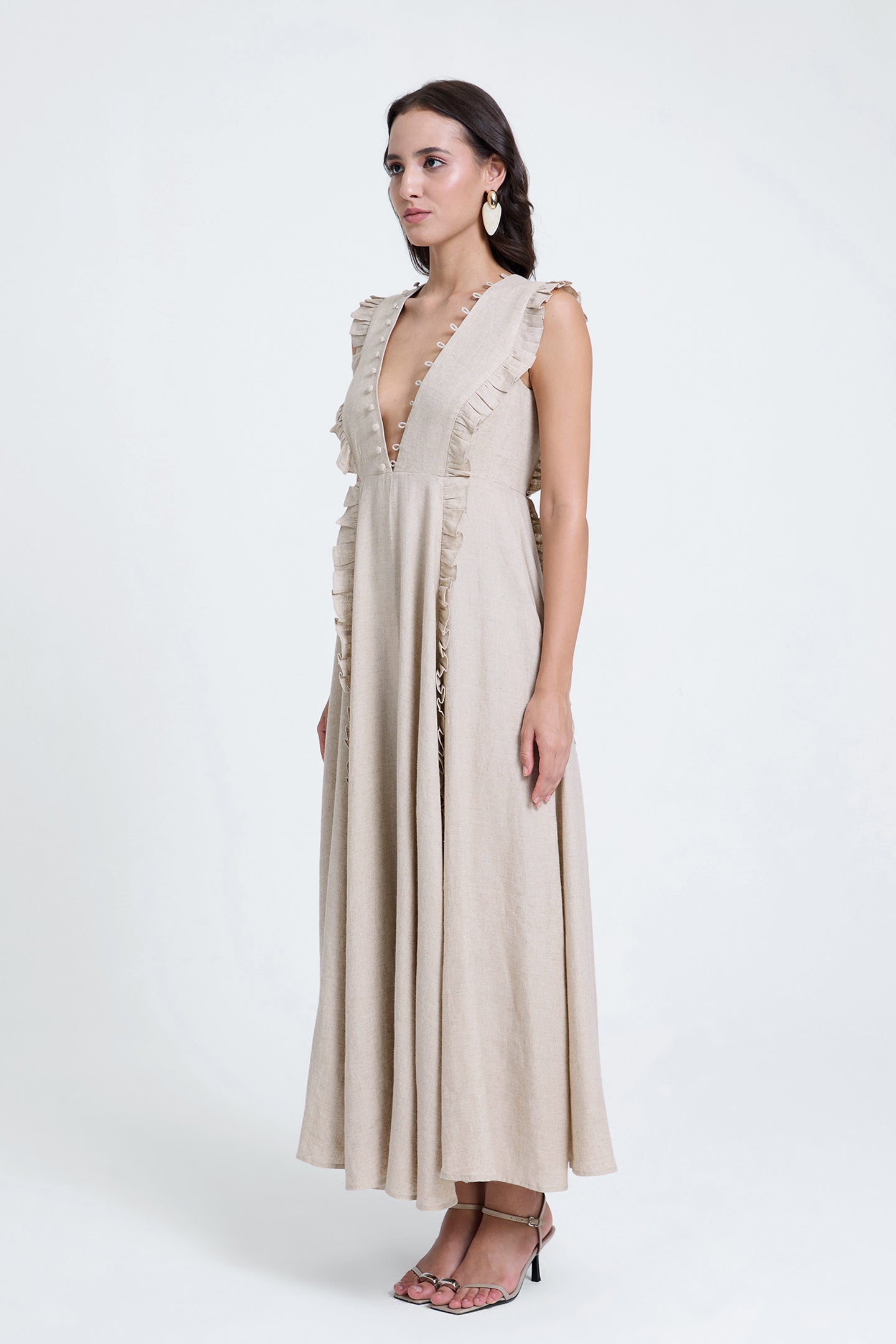 Plunging V-neck Ruffled Linen Dress