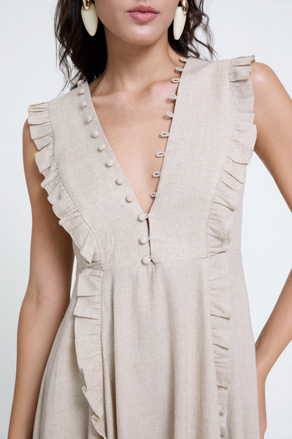 Plunging V-neck Ruffled Linen Dress