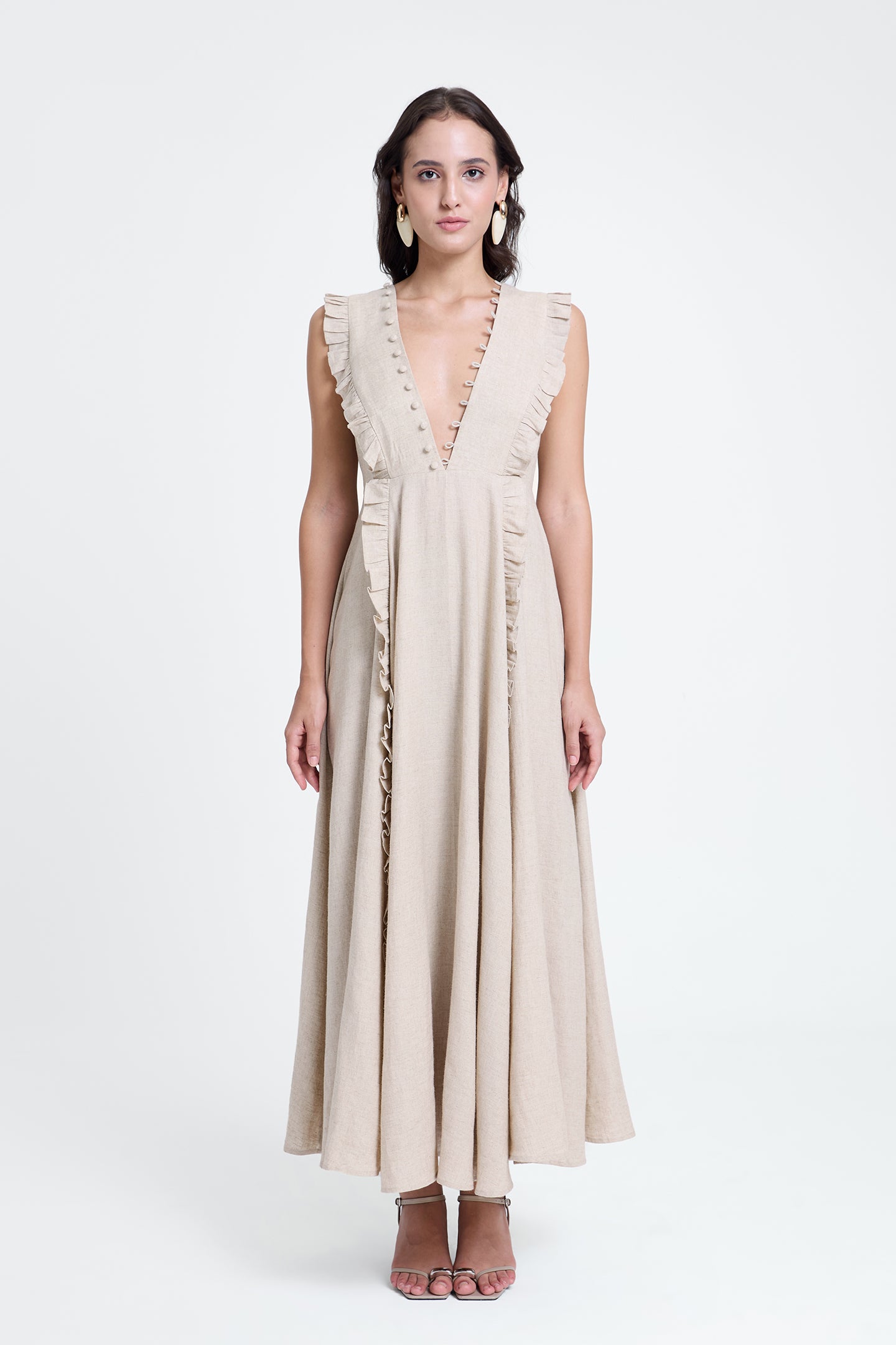 Plunging V-neck Ruffled Linen Dress