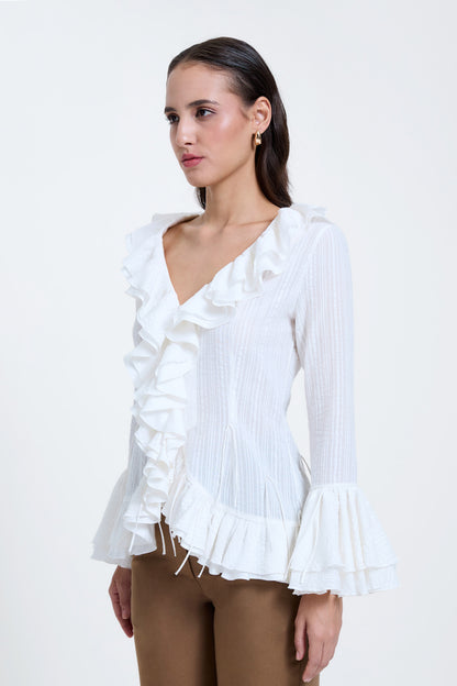 White V-Neck Ruffle Top