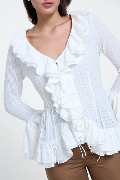 White V-Neck Ruffle Top
