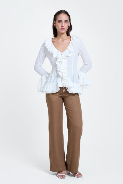 White V-Neck Ruffle Top