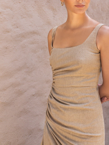 Close-up detail highlighting the ruching and gathered fabric on the Linen Ruched Gathered Midi Dress