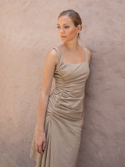Full length view of the Linen Ruched Gathered Midi Dress for women, showcasing the overall silhouette and style