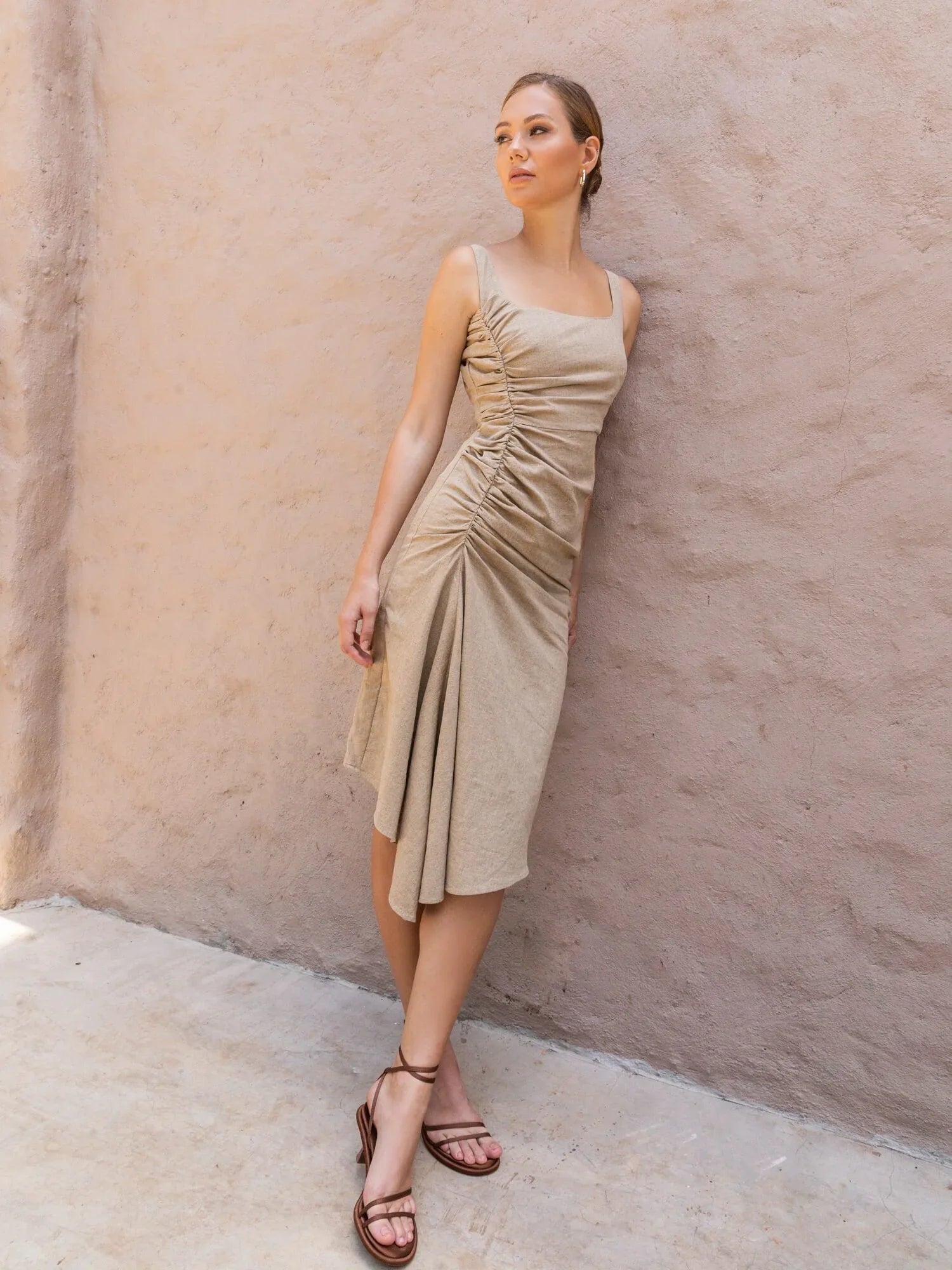 Linen Ruched Midi Dress Anjum Khan Linen Ruched Midi Dress Anjum Khan