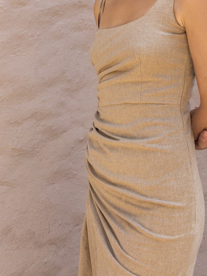 Close-up detail highlighting the ruching and gathered fabric on the Linen Ruched Gathered Midi Dress