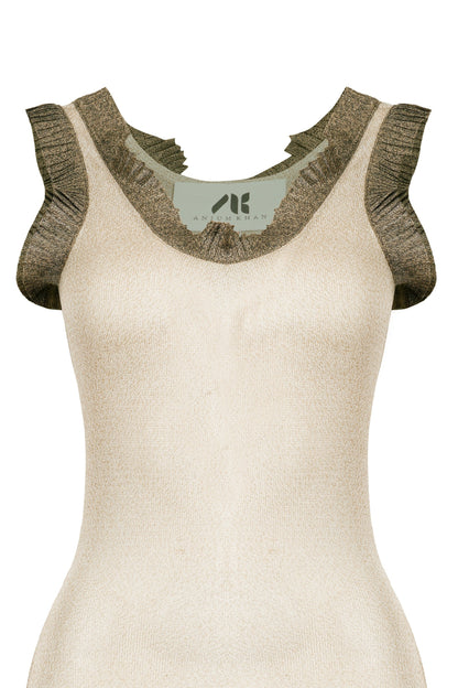 Metallic Beige Knit top with Ruffle Details