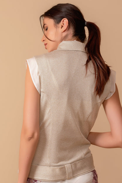 Knit-collared Jacket in Metallic Beige 