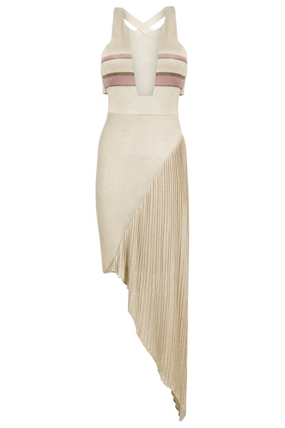 Pleated Knit Dress with a Sheer Yoke