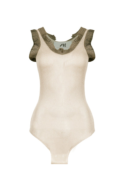 Metallic Beige Knit top with Ruffle Details