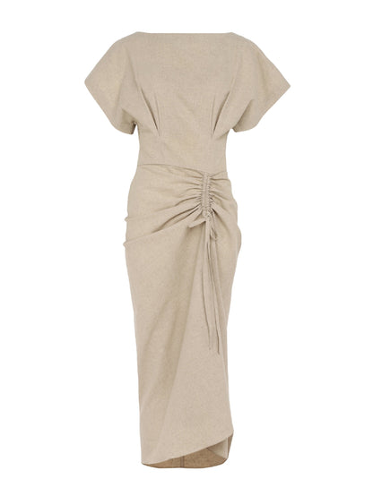 Women's Linen Ruched Drape Dress – Sustainable, breathable fabric, perfect for elegant wear.