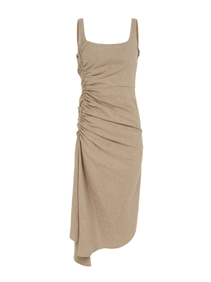 Full product view of the Linen Ruched Gathered Midi Dress for women, showcasing the overall silhouette and style